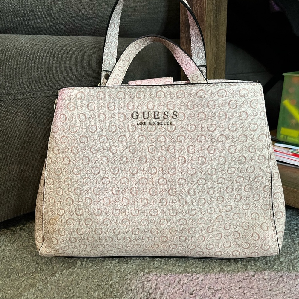 Guess Monogram Handbag, Cream/Dusty Rose/Silver Accents